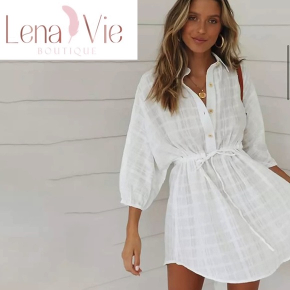 Lena Vie | Sheer Cotton White Plaid Sexy Shirt Dress, Cover-up Sundress - Picture 2 of 15